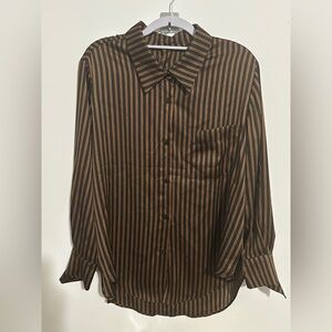 Zara Woman Silk Striped Button Front Blouse XS Black Brown Long Sleeve NWT